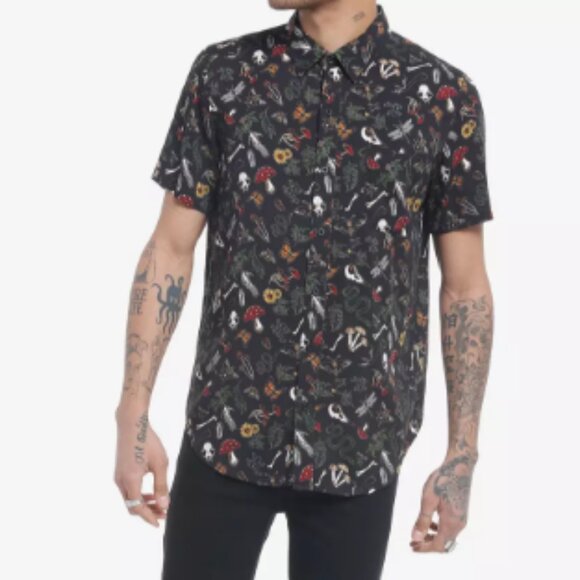 Mens Social Collision Mushroom/Bugs Print Rayon Button Up Shirt Size S - Picture 2 of 11
